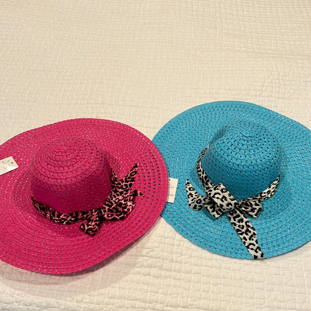 Pink & Blue sun hat with leopard silk tie